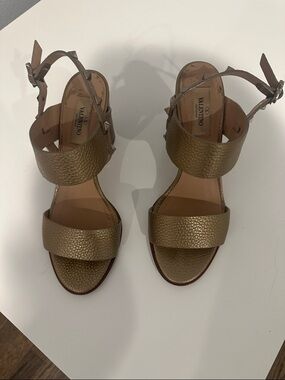 Valentino Metallic Gold Textured Leather Stud Ankle-Strap Sandals
